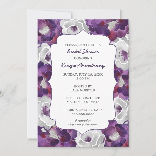 Invitations de douche nuptiale gris argenté violet (Devant)