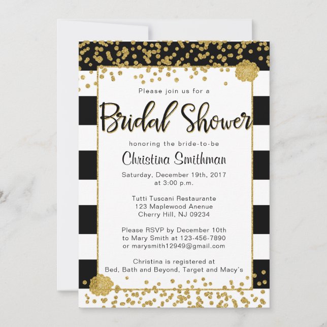 Invitations de douche nuptiale noire et or (Devant)