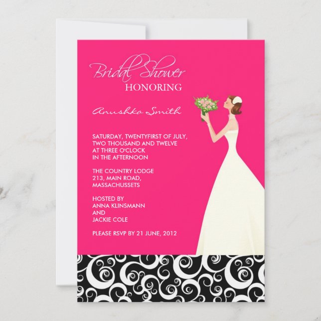 Invitations de douche nuptiale rose et noire (Devant)