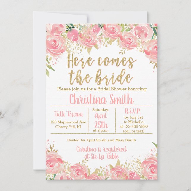 Invitations de douche nuptiale rose et or (Devant)