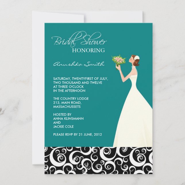 Invitations de douche nuptiale turquoise et noire (Devant)