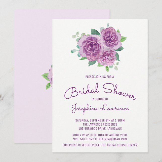 Invitations de douche nuptiale violette Rose (Devant / Derrière)