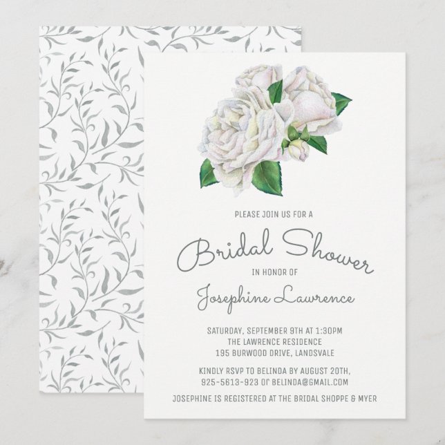 Invitations de douche nuptiale White Roses (Devant / Derrière)