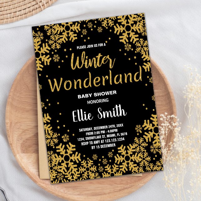 Invitations de douche pour bébé d'hiver Noir doré (Winter Baby Shower Invitations Golden Black)