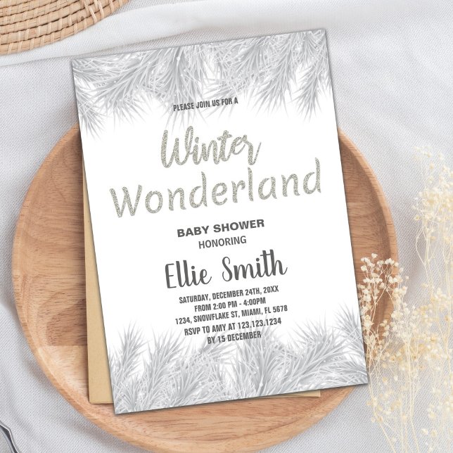 Invitations de douche pour bébé d'hiver Parties sc (Winter Baby Shower Invitations Silver Glitter Pine)