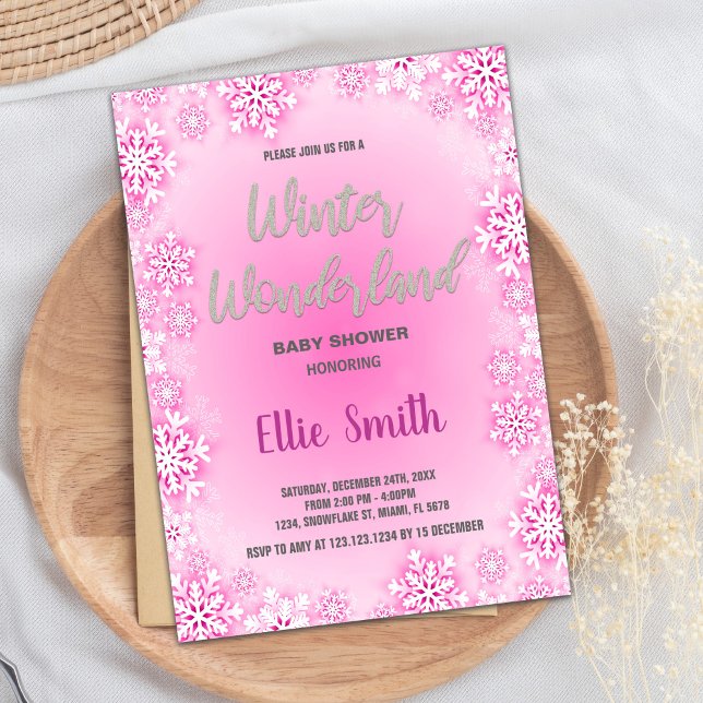 Invitations de douche pour bébé d'hiver Parties sc (Winter Baby Shower Invitations Pink Snow Glitter)