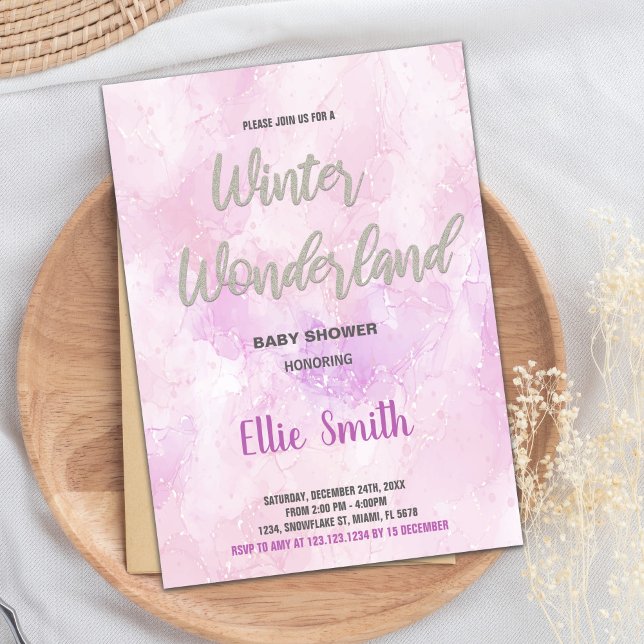 Invitations de douche pour bébé d'hiver Parties sc (Winter Baby Shower Invitations Pink Glitter Silver)