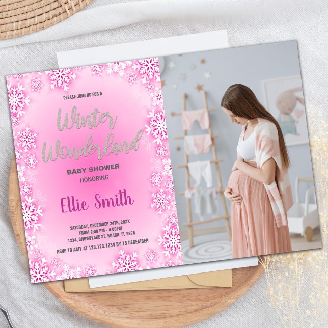 Invitations de douche pour bébé d'hiver Photo Neig (Winter Baby Shower Invitations Pink Snow Photo)