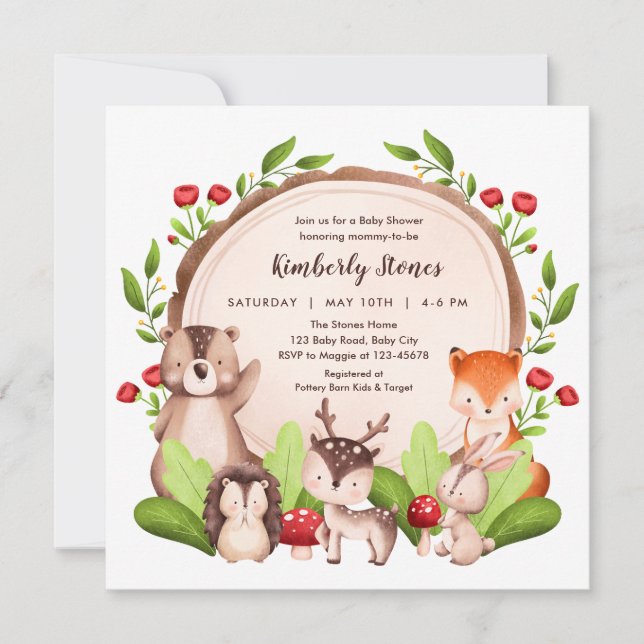 Invitations de douche pour bébé en bois (animaux f (Devant)