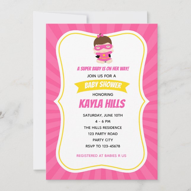 Invitations de douche pour bébé fille (Superhero)  (Devant)