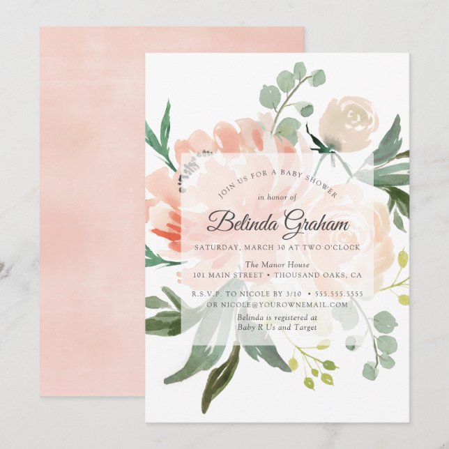 Invitations de douche pour bébé | Floral doux 01 (Devant / Derrière)