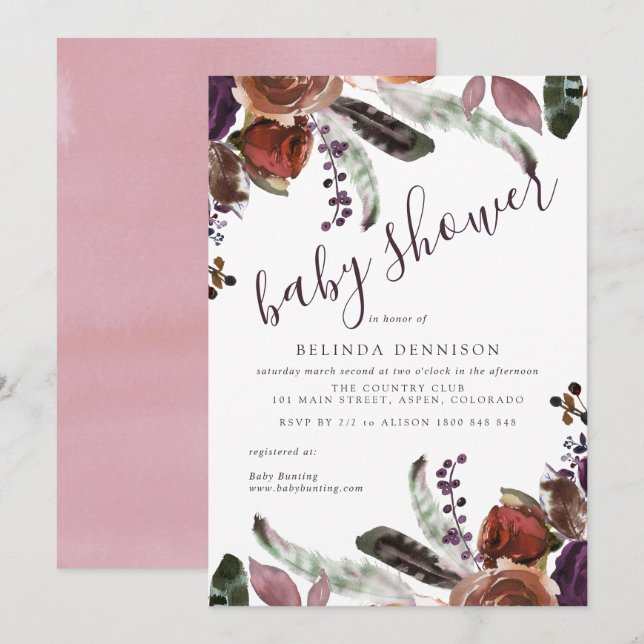 Invitations de douche pour bébé | Plum d'automne B (Devant / Derrière)