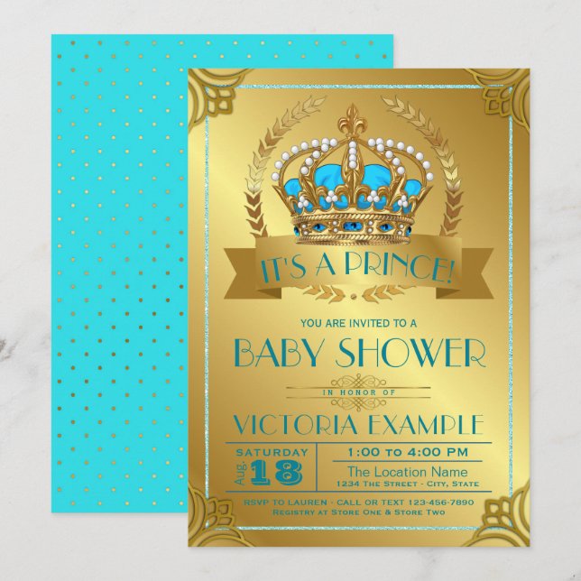 Invitations de douche pour bébé Prince turquoise e (Devant / Derrière)