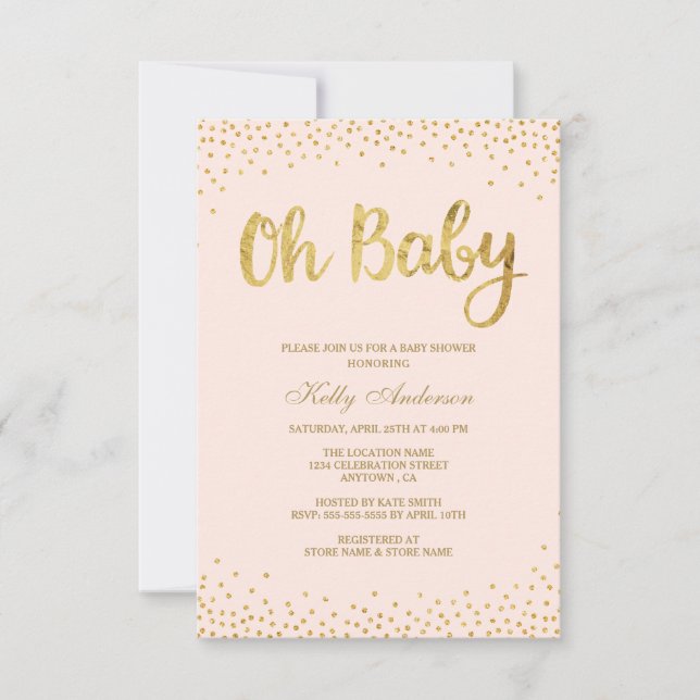 Invitations de douche pour bébé rose et or (Devant)