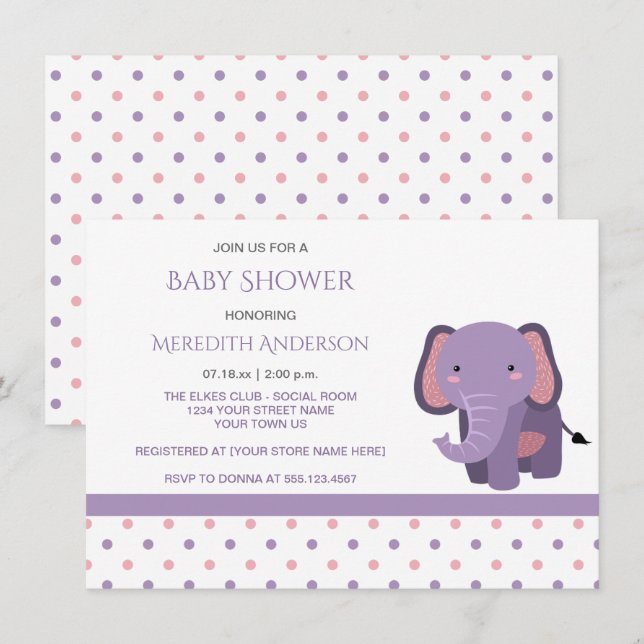 Invitations de douche pour bébé rose et violet Ele (Devant / Derrière)