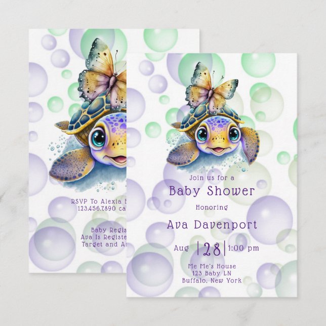 Invitations de douche pour bébé tortue et papillon (Devant / Derrière)