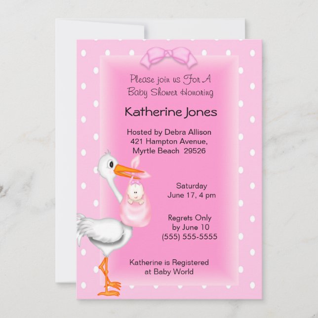 Invitations de douche pour fille et cigogne (Devant)