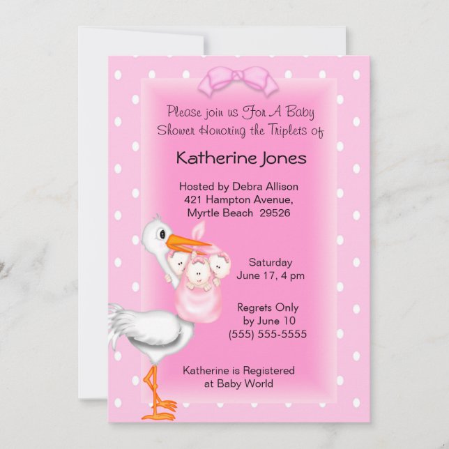 Invitations de douche pour filles Stork et Triplet (Devant)