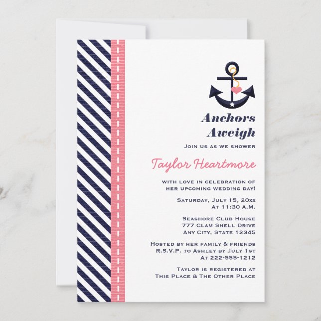 Invitations de douches nautiques de la marine rose (Devant)