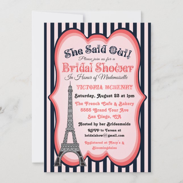Invitations de douches nuptiales à thème Paris (Devant)