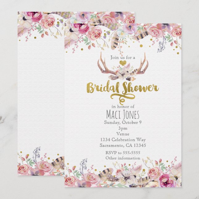 Invitations de douches nuptiales Fleurs et cerfs A (Devant / Derrière)