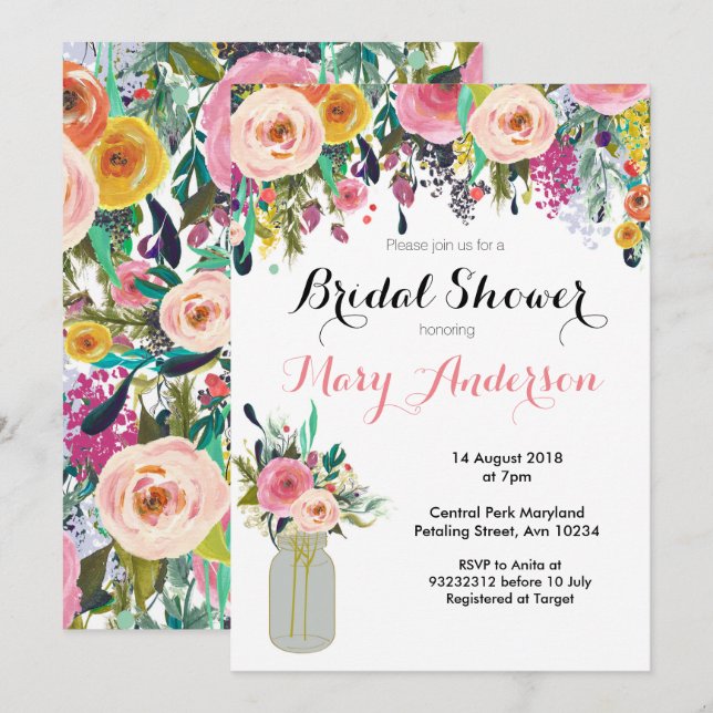 Invitations de douches nuptiales Floral Mason Jar (Devant / Derrière)