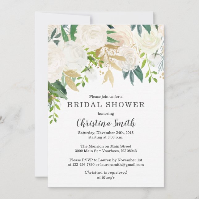 Invitations de douches nuptiales florales blanches (Devant)