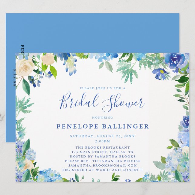 Invitations de douches nuptiales Florales Bleues (Devant / Derrière)