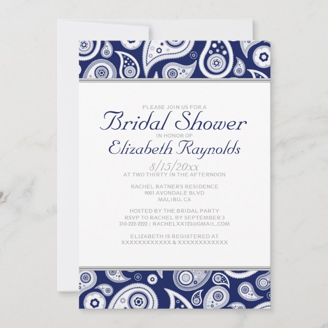 Invitations de douches nuptiales Navy Blue Paisley (Devant)