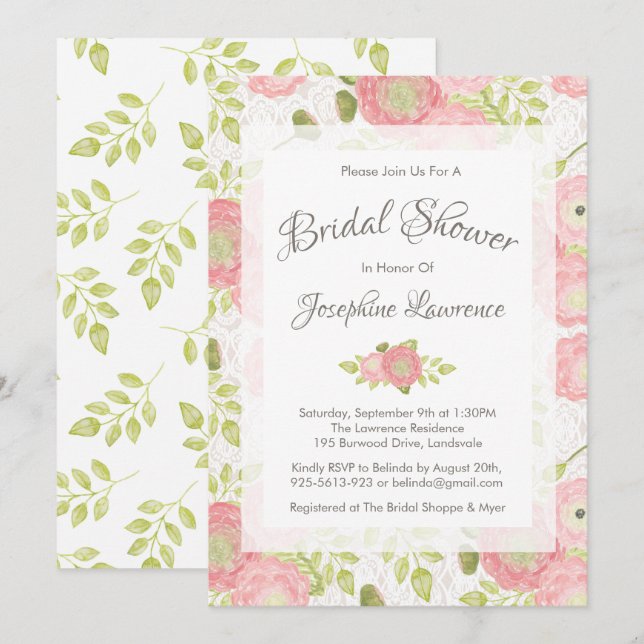 Invitations de douches nuptiales Ranunculus & Lace (Devant / Derrière)