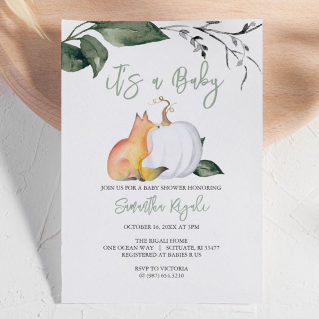 Invitations de douches pour bébé sur le thème de l (Autumn-themed baby shower invites woodland fox and white pumpkin gender neutral)