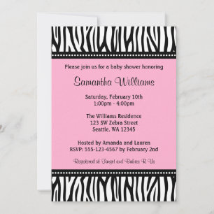Invitations de douches pour bébé Zebra rose branch