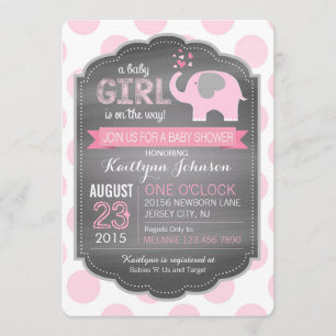 Invitations de douches pour bébés à éléphant rose 