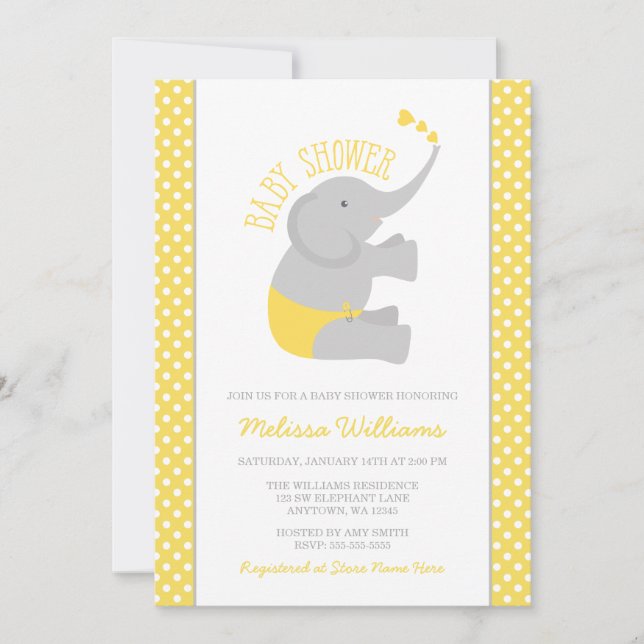 Invitations de douches pour bébés à l'éléphant gri (Devant)