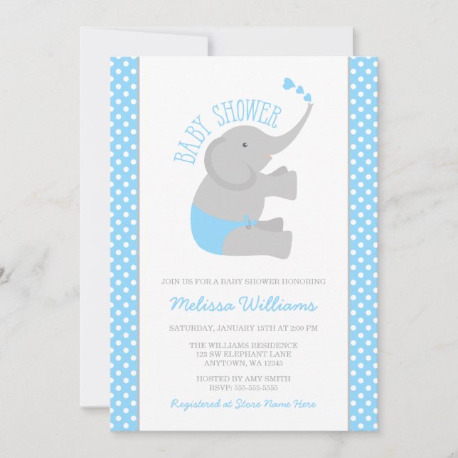Invitations de douches pour bébés à l'éléphant gri (Devant)