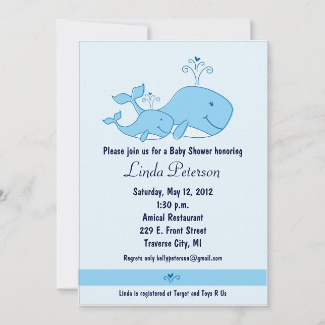 Invitations de douches pour bébés aux baleines ble (Devant)