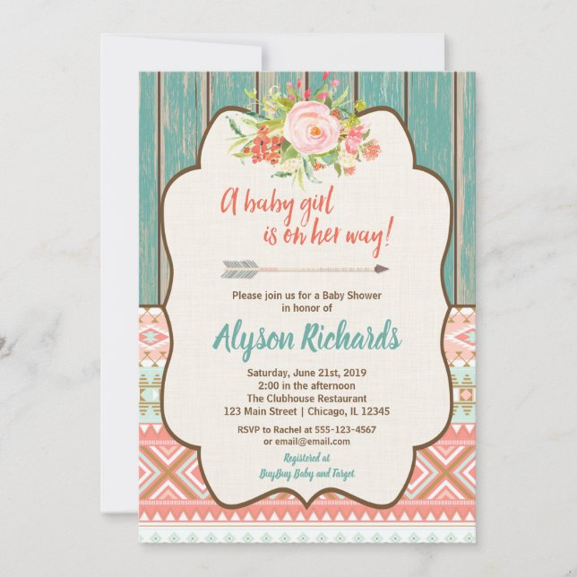 Invitations de douches pour bébés filles, baby sho (Devant)