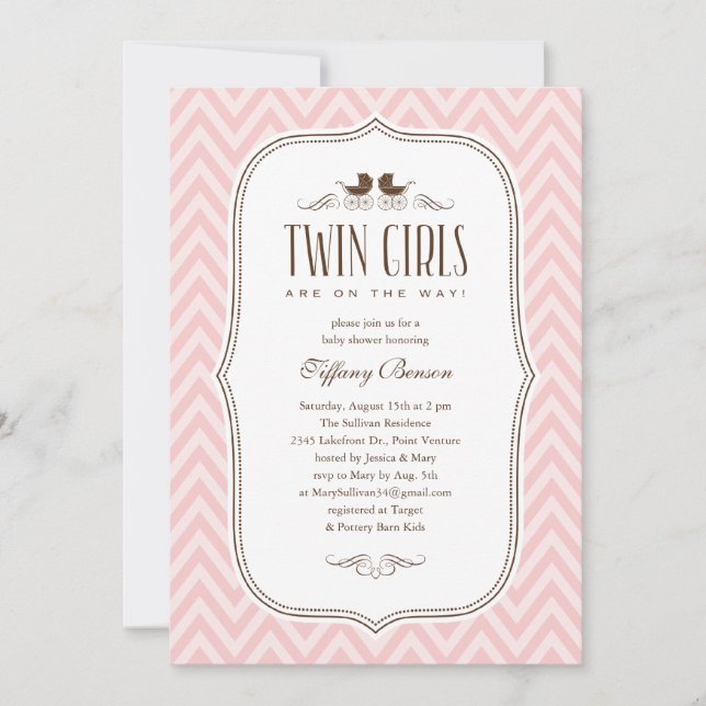 Invitations de douches pour bébés filles jumelles (Devant)