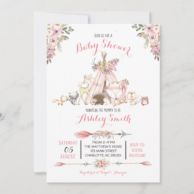 Invitations de douches pour bébés Girls Woodland (Devant)