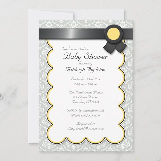Invitations de douches pour bébés jaunes et gris (Devant)