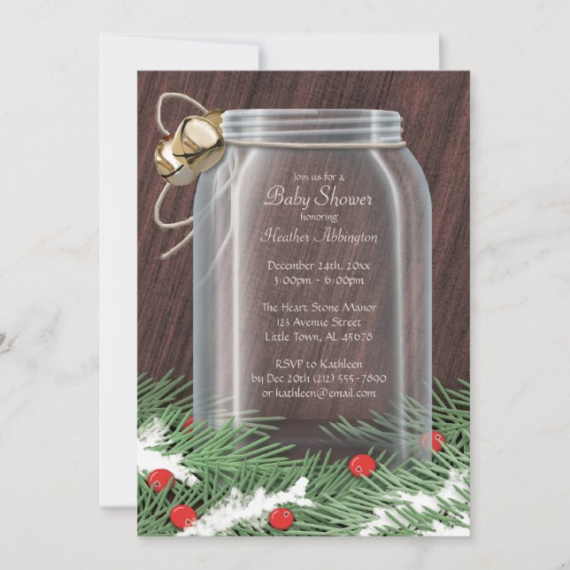 Invitations de douches pour bébés Mason Jar en hiv (Devant)