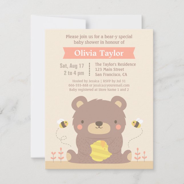 Invitations de douches pour bébés Ours de bois mou (Devant)