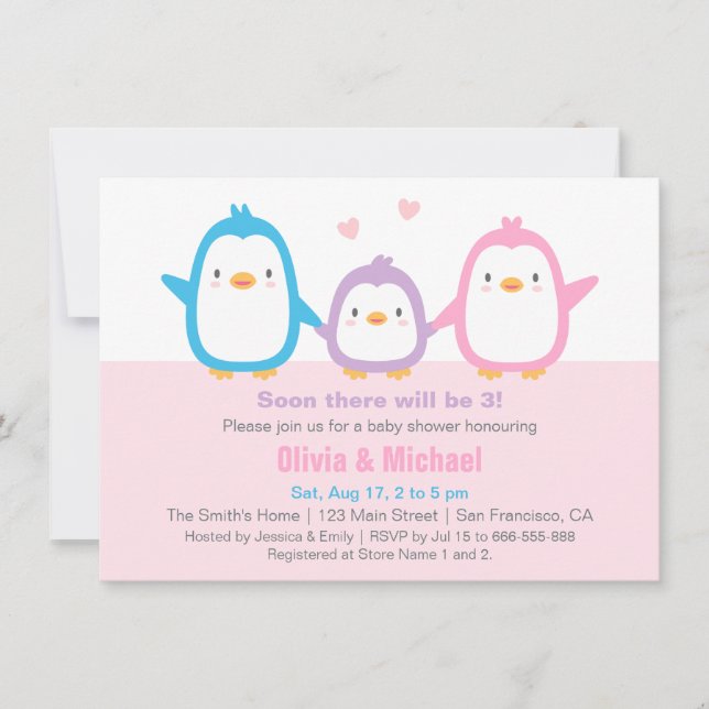Invitations de douches pour bébés Pingouin de fami (Devant)