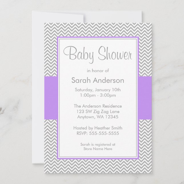 Invitations de douches pour bébés Purple et Grey C (Devant)