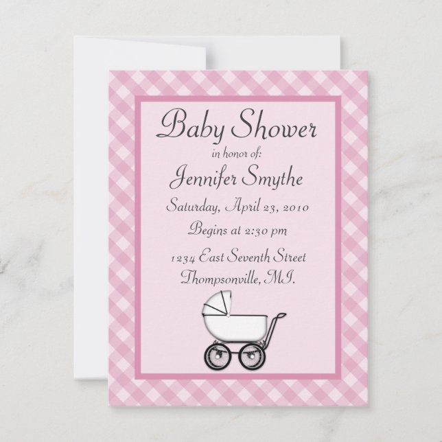 Invitations de douches pour bébés roses En vichy (Devant)