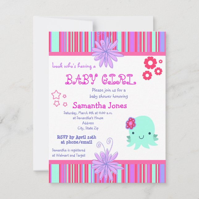 Invitations de douches pour bébés roses Octopus (Devant)