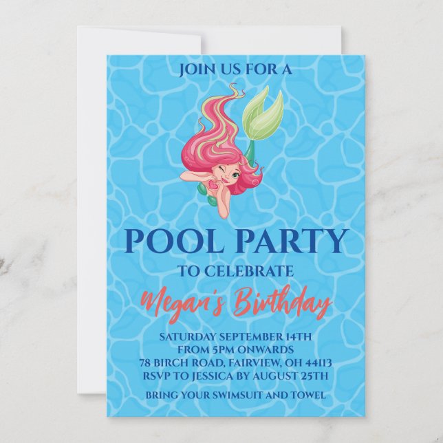invitations de fête à la piscine de sirène (Devant)