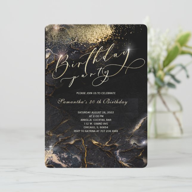Invitations de fête d'anniversaire Black Gold Flor (Debout devant)