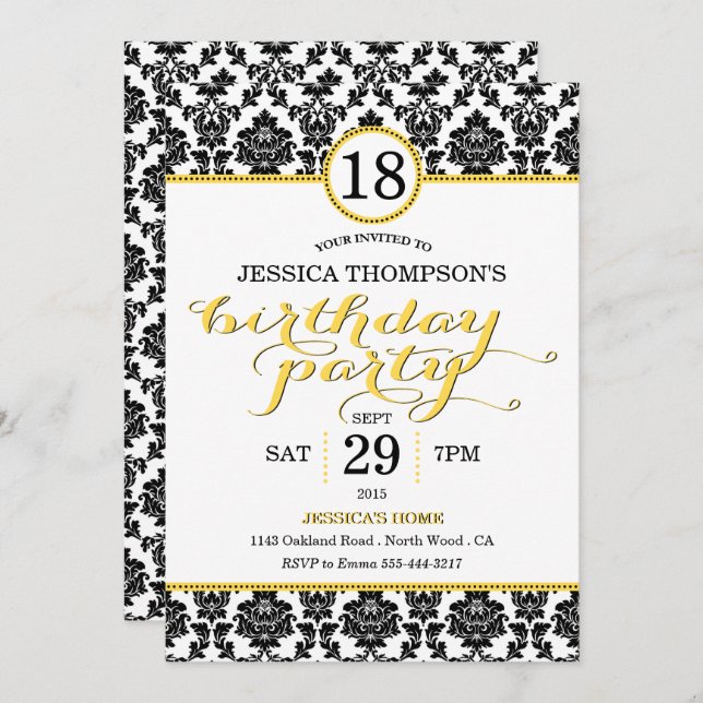 Invitations de fête d'anniversaire branché jaune D (Devant / Derrière)