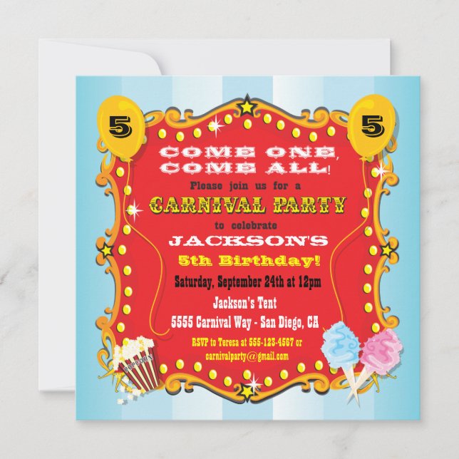 Invitations de fête d'anniversaire de chapiteau de (Devant)